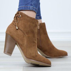 Brown Faux Suede Pointed Toe Low Heel Ankle Boots Back Laces Booties